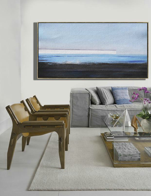 Large Abstract Painting Canvas Art,Hand Painted Panoramic Abstract Painting,Living Room Canvas Art,Sky Blue,White,Blue,Black.etc